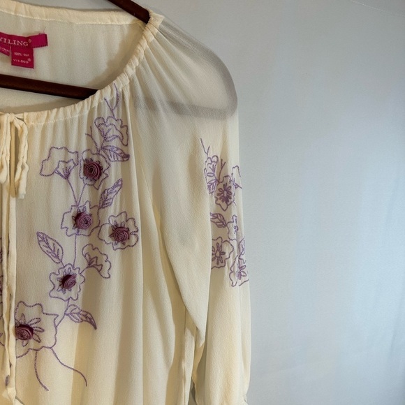 YILING Womens Size XXL Blouse 100% Silk Peasant Long Sleeve Embroidered Flower - Picture 7 of 12